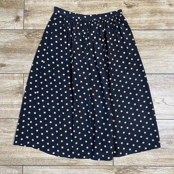 Black Beige polka dot silk pleated skirt sz 10 Pockets - Picture 4 of 6